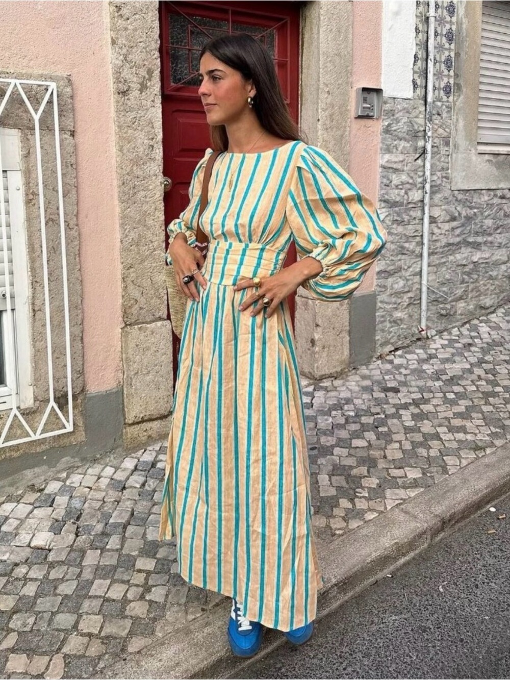 Vrg Grl Striped Maxi Dress with Puff Sleeves